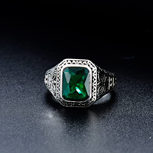 Green Simulated Emerald Ring for Men Sterling Silver Vintage Gothic Biker Ring3
