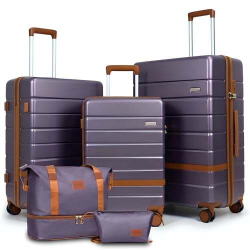 Image of 5-Piece Luggage Set for Family Travel: Lightweight Hardshell Suitcases (20 /24 /28 Inch, Plus Underseat & Tote) | 8 Spinner Wheels, TSA Lock & YKK Zippers | Durable PC+ABS Construction in Purple