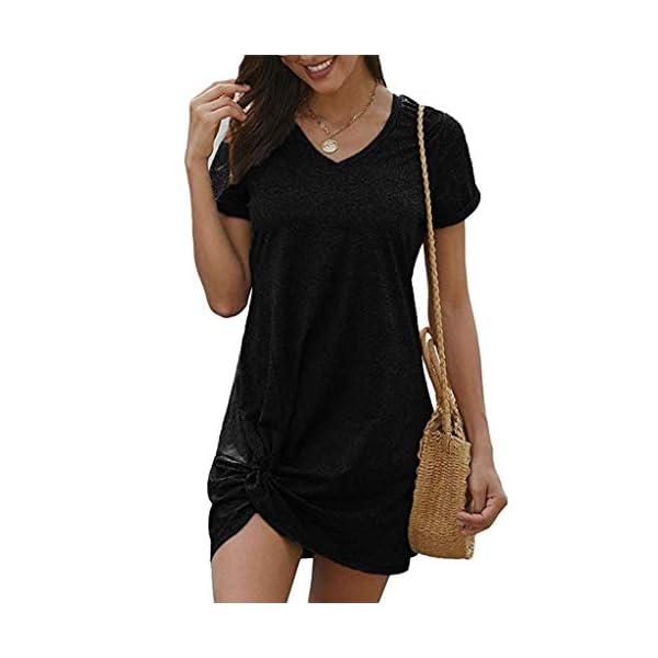 Locryz-Womens-Summer-Twist-Knot-Tshirt-Dresses-Casual-V-Neck-Short-Sleeve-Knot-Dress Locryz Womens Mini Dress Short Sleeve V Neck Side Knot Casual T Shirt Dress XL Black