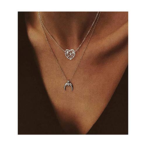 Preisvergleich Produktbild Chargances Zarte Mond Cresent Halskette Liebe Herz Halskette Silber Halskette Abschleppschicht Kette Mehrschichtige Kette Anhänger Schichtketten für Damen und Mädchen