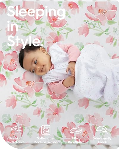 Image of Baby Crib Sheets Girl, TotBasic Premium Soft Crib Mattress Sheet, Ultra Breathable Floral Crib Sheet Fitted, Super Stretchy Jersey Cotton Crib 28 inch x52''x9'' Extra Deep Pocket