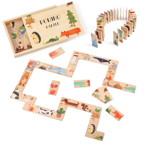 OESSUF 28 piezas de madera para niños rompecabezas de animales apilamiento bloques dominó set con caja de almacenamiento Montessori juguetes para 3 años rompecabezas educativo juego de regalo de