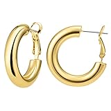 Chunky Hoop Earrings for Women 18K Real Gold Plated Thick Round Gold Hoops Earrings Hypoallergenic...