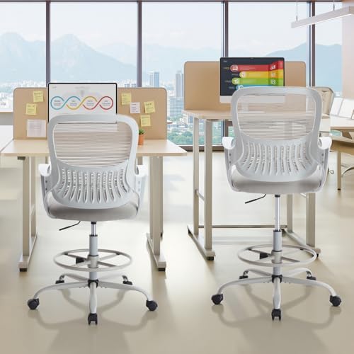 Image of Sweetcrispy Tall Drafting Desk Chair - Ergonomic High Stool Computer with Adjustable Height and Comfy Lumbar Support, Office Rolling Counter with Flixed Arms and Footrest, Grey