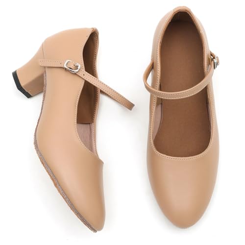 SLANINA 1920s black character dancing shoes for women, Ankle Strap 2 inch heels , black heels closed toe Dancing Shoes for Salsa, Tango, Flamenco, wedding (Light brown, Adult, Women, 7.5, Numeric, US Footwear Size System, Medium)