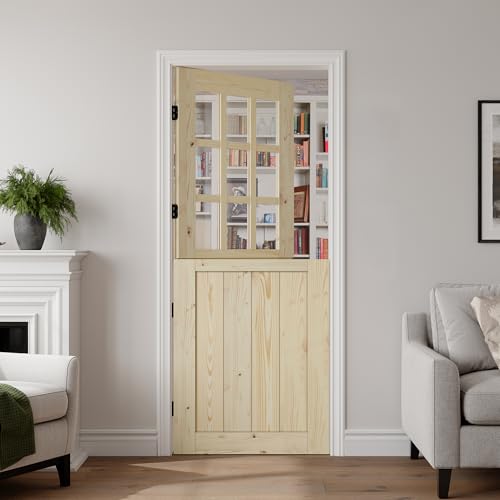 SMARTSTANDARD 32 x 80 Dutch Door Slab,9-Lite Frosted Glass Split Half Doors with Hinges, Natural Pine Wood
