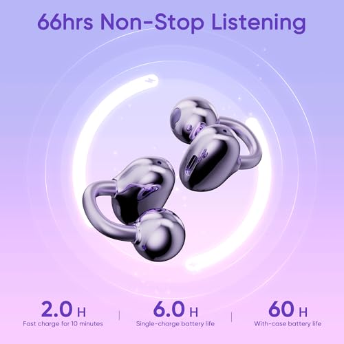 Image of Clip on Earbuds Open Ear Earbuds Wireless Headphones with Mic,66H Play Bluetooth 5.4 Bone Conduction Headphones,Noise Cancelling,IPX5 Waterproof,Secure Fit for Small Ears,Purple