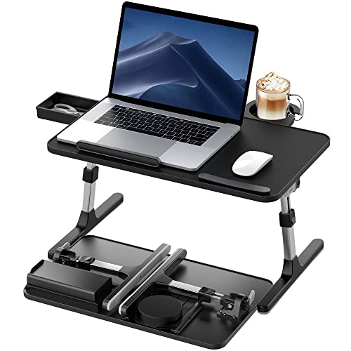 Laptoptisch Betttisch mit Schublade Getränkehalter, Tate Guard Klappbarer ECO Holztisch,PU-Leder,5 höhenverstellbar 4 Neigungswinkel,40kg Belastung,17" Laptop für Couch,Bett,Lesen,Essen(50 * 33cm)