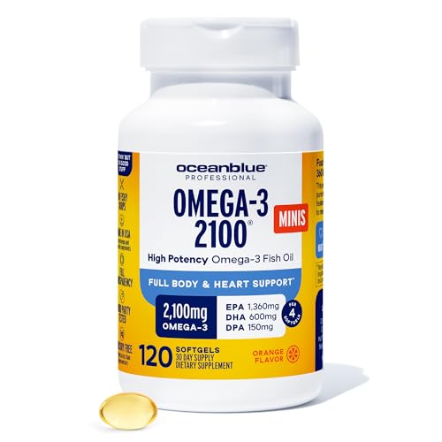 Oceanblue Professional Omega-3 2100 Mini Softgels - Triple Strength DPA EPA DHA Omega 3 Supplement - Easy to Swallow Burpless Wild Caught Fish Oil - Orange Flavor 120 Softgels