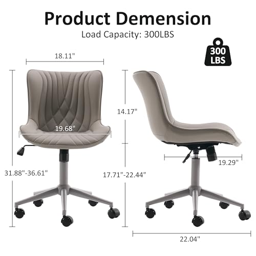Image of YOUTASTE Grey Armless Office Chair, Modern Adjustable Swivel Desk Chair with Wheels, Upholstered PU Leather, Gray Metal Legs, Back Support for Home Office, Study, Vanity, Bedroom