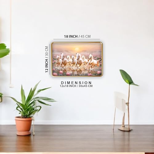 Image of Vastu 7 Seven Running Horse Photo Frame, Golden Slim Frame, Sparkle Coated Lamination, 30x45 cm (Design 4)