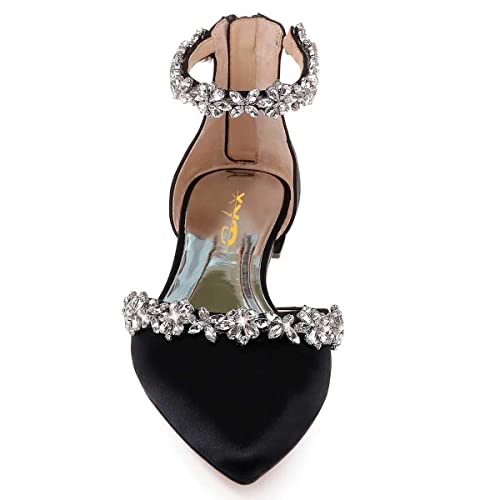 Image of XYD Women Classic Pointed Toe D'Orsay Wedding Flat Sandals Sparkly Rhinestones Ankle Strap Low Heel Dress Shoes with Zipper