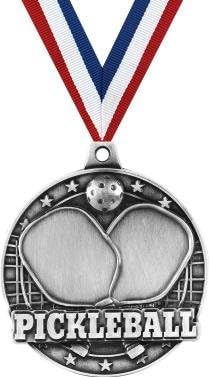 Crown Awards Pickleball Medals - 2" Silver Pickleball Paddle Award Medals