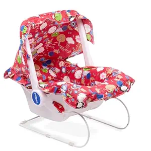 BUMTUM Baby Carry Cot & Rocking Chair with Adjustable Handle| 3-Point Safety Lap Belt | Double Cushioned Washable Seats & Large Canopy for Babies (Red) - Plastic