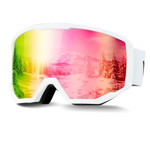VEVOR Ski Goggles, Cylindrical Lens with Pink Revo Coating, OTG Anti fog Snow Goggles for Men Women...