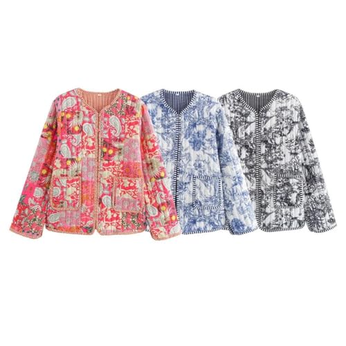 Women's Vintage Color Contrast Printed Splicing Cotton Jacket Casual Long Sleeve Quilted Coats2