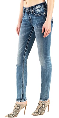 Miss Me Women's Mid-Rise Metallic Border Embellished Skinny Jeans with Freyed Hem3
