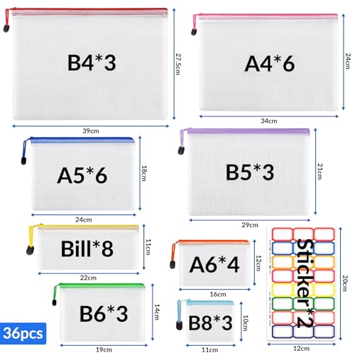 36 Stück Dokumententasche mit Reißverschluss A4 A5 A6 B4 B5 B6 B8, Wasserdicht Reißverschluss Dokumententaschen, Datei Tasche Zipper Tasche Mesh Plastic Zip Bag für Büros Schule