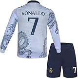 metekoc R. Madrid Ronaldo #7 Kinder Trikot Fußball Spezielle Weißer Drache Edition, Langarmtrikot und Shorts, Jugendgrößen (Weiß,24)
