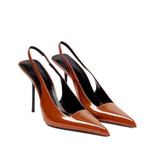 Image of THESHY Women's Pointed Toe High Stiletto Heels Slingback Stretch Slip-on Pumps Backless Patent Leather Fashion Dress Shoes for Women