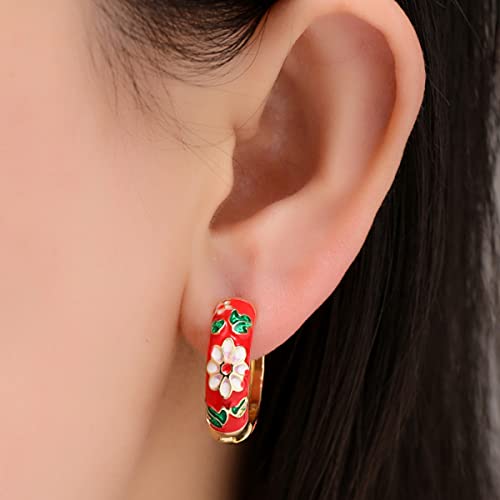 Xerling XERLING-EARS-177 Vintage Flower Huggie Hoop Earrings Antique Retro Enamel Copper Round Circle Hoop Earrings cover