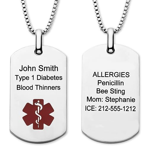 Medical Alert ID Dog Tag Necklace for Men Women, Customizable Engraving, Medical Jewelry for Emergency, Silver Stainless Steel, Hypoallergenic, Waterproof, Includes Gift Box & Medical ID Wallet Card