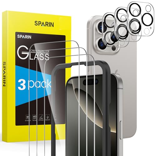 SPARIN Panzer Schutz Glas für iPhone 16 Pro 3+3 Stück Schutzfolie und Kameraschutz mit Rahmen-Installationshilfe 9H Härte Anti-Kratzen Anti-Öl Anti-Bläschen HD-Klar
