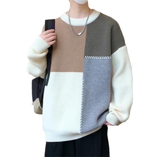 Men's Patchwork O-Neck Knit Pullovers Men Loose Casual Knitted Hip Hop Style Sweater