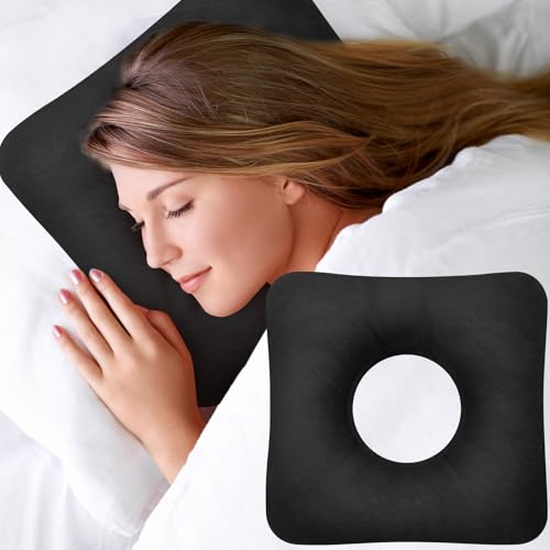 VAVPUP Piercing Kissen mit Loch,Ohrlochkissen für Seitenschläfer mit Ohrloch,O-Förmiges Design,Superfeine Baumwollfaser,Starke Stützkraft,Tragbar Donut Kissen für Zuhause,Reisen und Büro(schwarz)