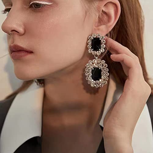 Asphire Vintage Geometric Rhinestone Drop Dangle Earrings Black Gemstone Earrings Elegant Long Statement Earrings for Women Wedding Prom Ball Jewelry