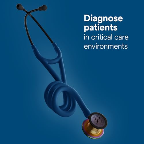 Image of 3M Littmann Cardiology IV Stethoscope, 6242C, 27 inch Navy Blue Satin Finish Tube for Added Comfort, Flexibility and Cleanability, Stainless Steel High Polish Rainbow Chestpiece