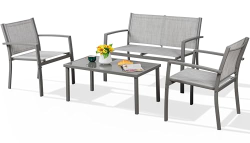 Shintenchi 4 Pieces Patio Furniture Set All Weather Textile Fabric Outdoor Conversation Set, with Glass Coffee Table, Loveseat, 2 Single Chairs for Home, Garden, Lawn, Porch（Silver）