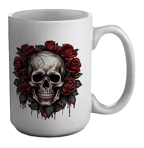Image of Shopagift Skull Roses Mug Gothic Emo Biker Rock Head White 15oz Large Gift Ceramic Cup
