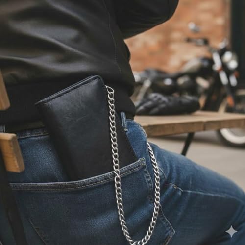 Image of CLASSIC Motorcycle Chain Wallet for Men - Premium Cowhide Leather, RFID Bi-Fold Biker Wallet with Heavy Duty Chain for Bikers Truckers & Hunters, Credit Card Money Organizer Long Wallet Aniline Black