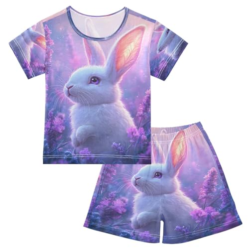 ALAZA Easter Rabbit Bunny Lavender Flower Pajamas Set Short Sleeve Cotton Sleepwear Summer Pjs 2 Piece 5-14Y