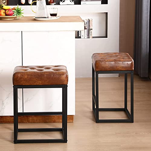 Furnimart 24 Inch Bar Stools Set Of 2 Faux Leather Counter Height Bar Stools, Upholstered Counter Saddle Chair Island Stool With Metal Frame For Bar Kitchen Dining Room Indoor (Yellow Brown) #TOP2