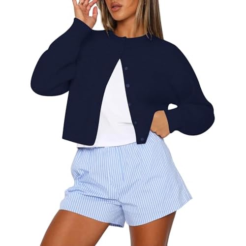 Kistore Womens Cropped Cardigan Sweaters Crew Neck Long Sleeve Button Up Sweaters Lightweight Knit Trendy Sweaters 2026 A-navy Blue XX-Large
