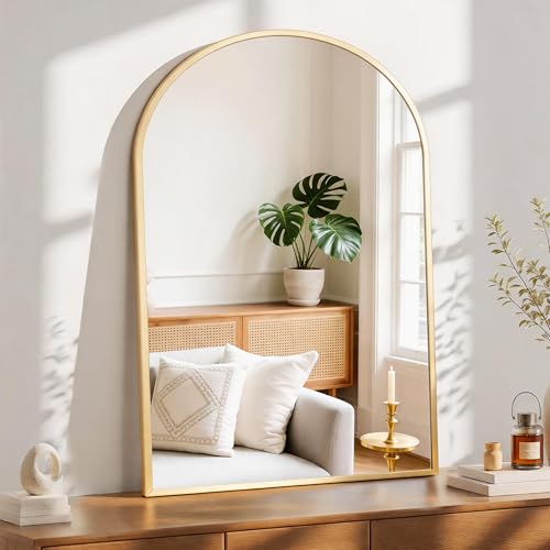 Image of Sweetcrispy 38 inchx30 inch Arched Gold Bathroom Mirrors for Wall, Bathroom Mirrors for Over Sink, Metal Framed with HD Shatter-Proof Glass for Entryway, Living Room, Bedroom, Home Decor