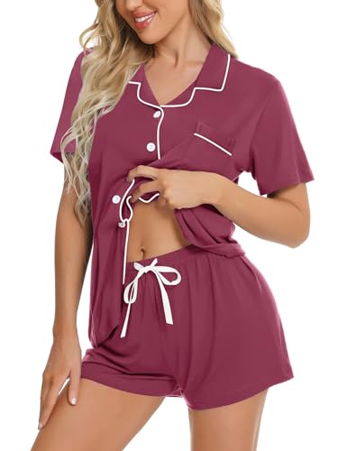 Image of SWOMOG Womens Button Down Pajamas Set Short Sleeve Sleepwear Bride Soft Pj Lounge Sets XS-3XL
