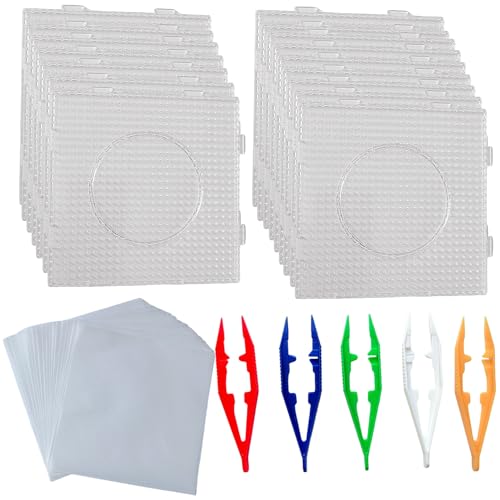 WHZAZGW 40 Pcs 5 mm Fuse Bead Pegboards Set 15 Plastic Bead Boards 20 Ironing Paper 5 Bead Tweezers, for Square Peg Fuse Melty Boards Kit DIY Craft