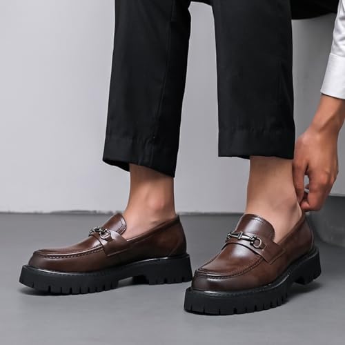 Image of Mens Patent Leather Slip-On Platform Dress Horsebit Loafer Low Heels Round Toe Non-Slip Penny Shoes for Formal Business Wedding