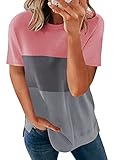 EVALESS Blouses for Women Color Block Short Sleeve Round Neck T Shirts Girls Ladies Fashion Loose Fi
