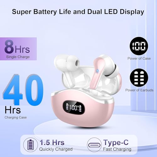 Image of Wireless Earbuds, Bluetooth Headphones 5.4 HiFi Stereo Ear buds with ENC Noise Cancelling Mic, 40H Bluetooth Earbuds with Dual LED Display Charging Case, IP7 Waterproof Earphones for Android iOS, Pink