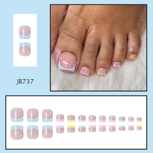 Image of Colorful Press on Toenails French Tip Fake Toenails Glossy False Toe Nails Short Square Glue on Toenails Reusable Artificial Acrylic Full Cover tick on Toes for Women Girls Manicure 24 Pcs