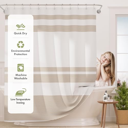 Image of AmazerBath Beige Shower Curtain, 72x72 Washable Cloth Neutral Light Tan Shower Curtain with 12 Hooks, Fabric Khaki and White Striped Set, Farmhouse Bathroom Shower Curtain