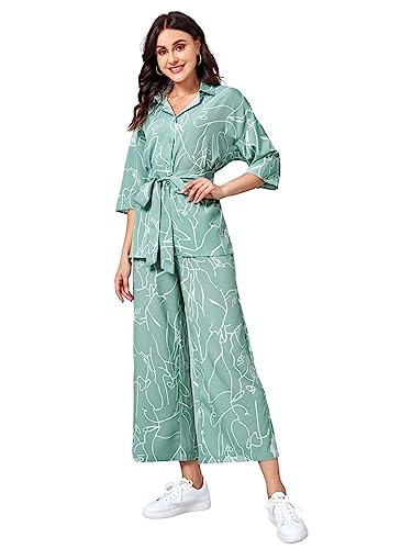 GRECIILOOKS Women Co Ord Set| Collared Self Belted Allover Print| Half Sleeve Shirt| Straight Shirt with Belt| Women Two-Piece Outfits| Summer Wear| Outdoor Wear