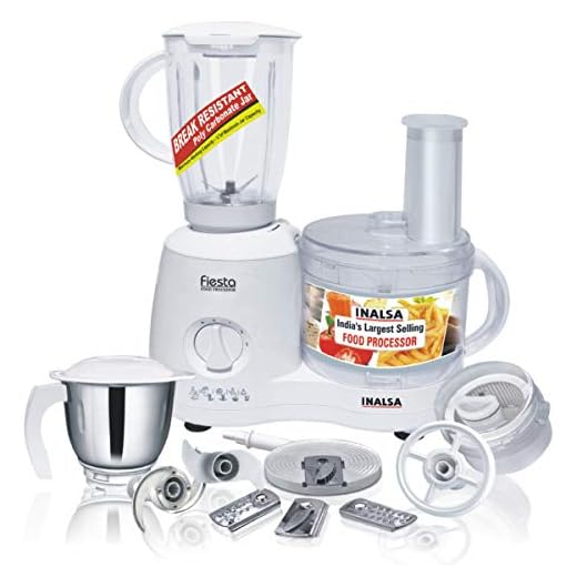 Inalsa Food Processor Fiesta 650-Watt with Break Resistant Processing Bowl, Blender, Dry Grinding Jar, 8 Accessories| 5 Yr Warranty on Motor | Centrifugal Juicer | Made in India | (White/Grey)