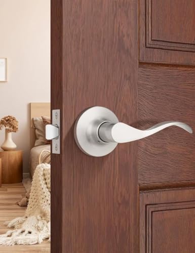 Image of Mengico 1 Pack Satin Nickel Modern Interior Passage Door Knobs, Keyless Door Handle for Hallway & Closet, Wave Style Non-Locking Door Lever Reversible for Left & Right Handed