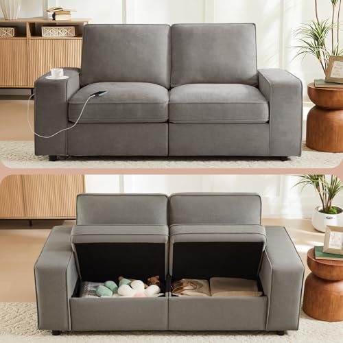 Image of Waxberry 71 inch Chenille Loveseat Sofa Couch for Living Room with Seat Storage, Modern 2-Seater Deep Seat Sofa with Side Pockets & Type-C /USB Ports, Detachable Backrest for Office, Apartment (Grey)