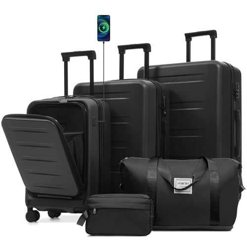 Sets 5 Piece,front Open Hardshell Expandable Suitcase With Spinner Wheels And Duffel Bags,lightweight Carry On Luggage With Usb Port,20/24/28in,black